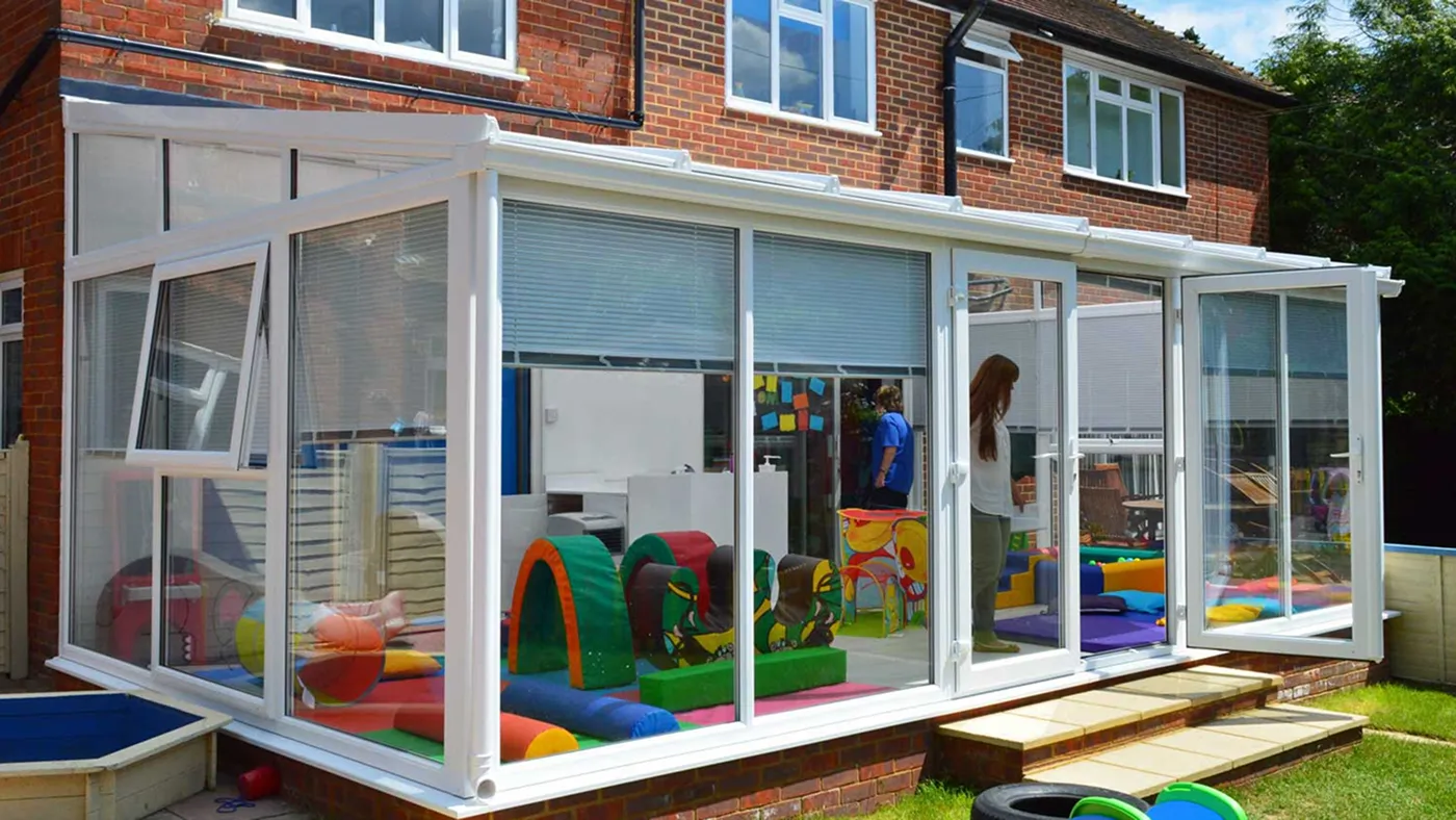 White uPVC lean-to conservatory on brick property, Chalfont St Peter