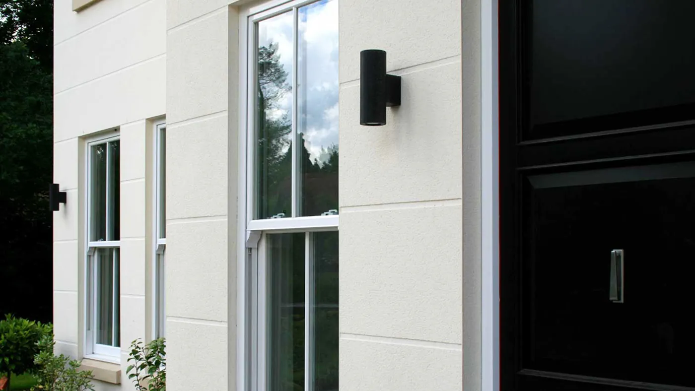 White sash windows on white rendered period property, Gerrards Cross