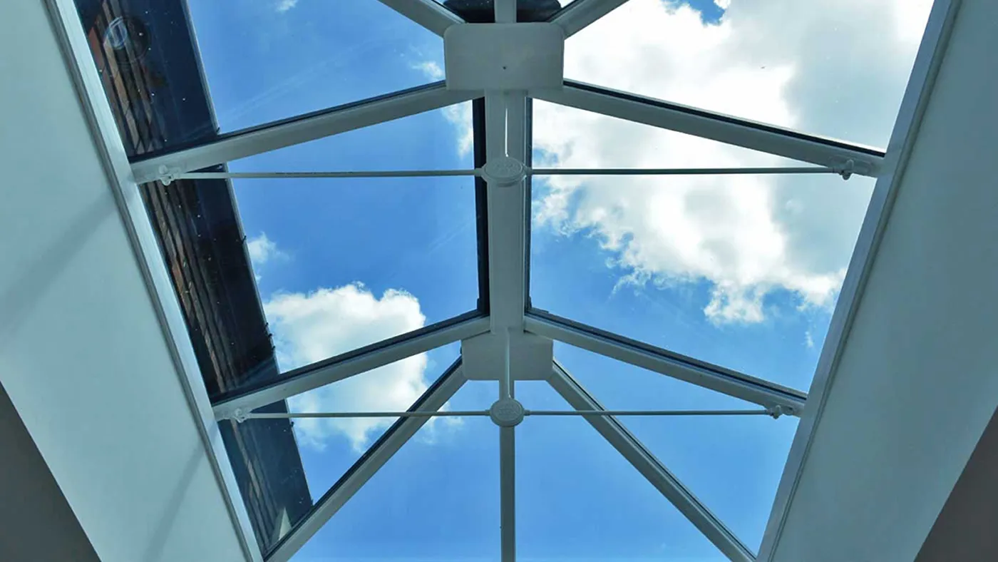 Interior view looking up through structural glass rooflight, Marlow