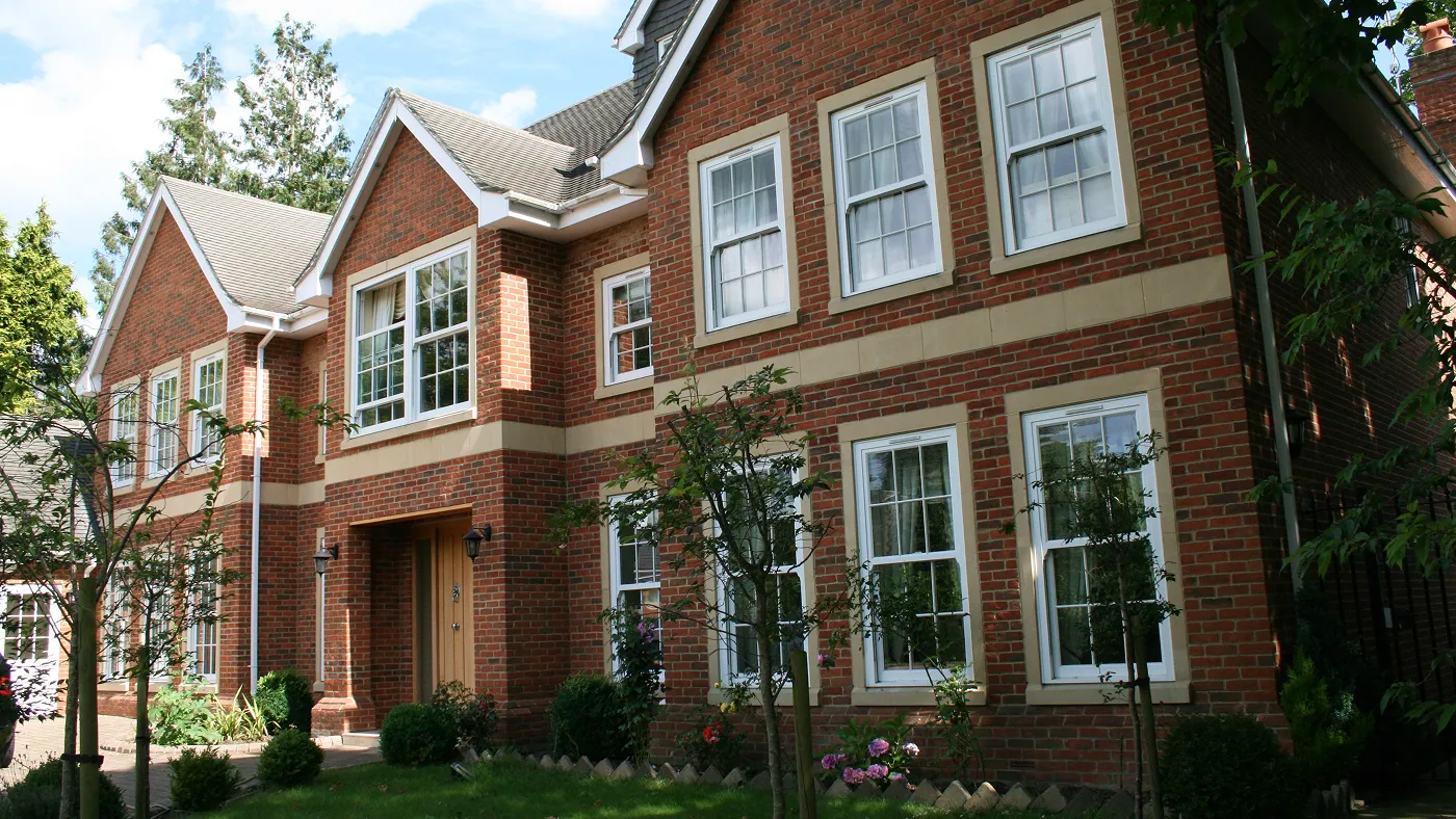 White sash windows fitted to large red brick Victorian property, Gerrards Cross