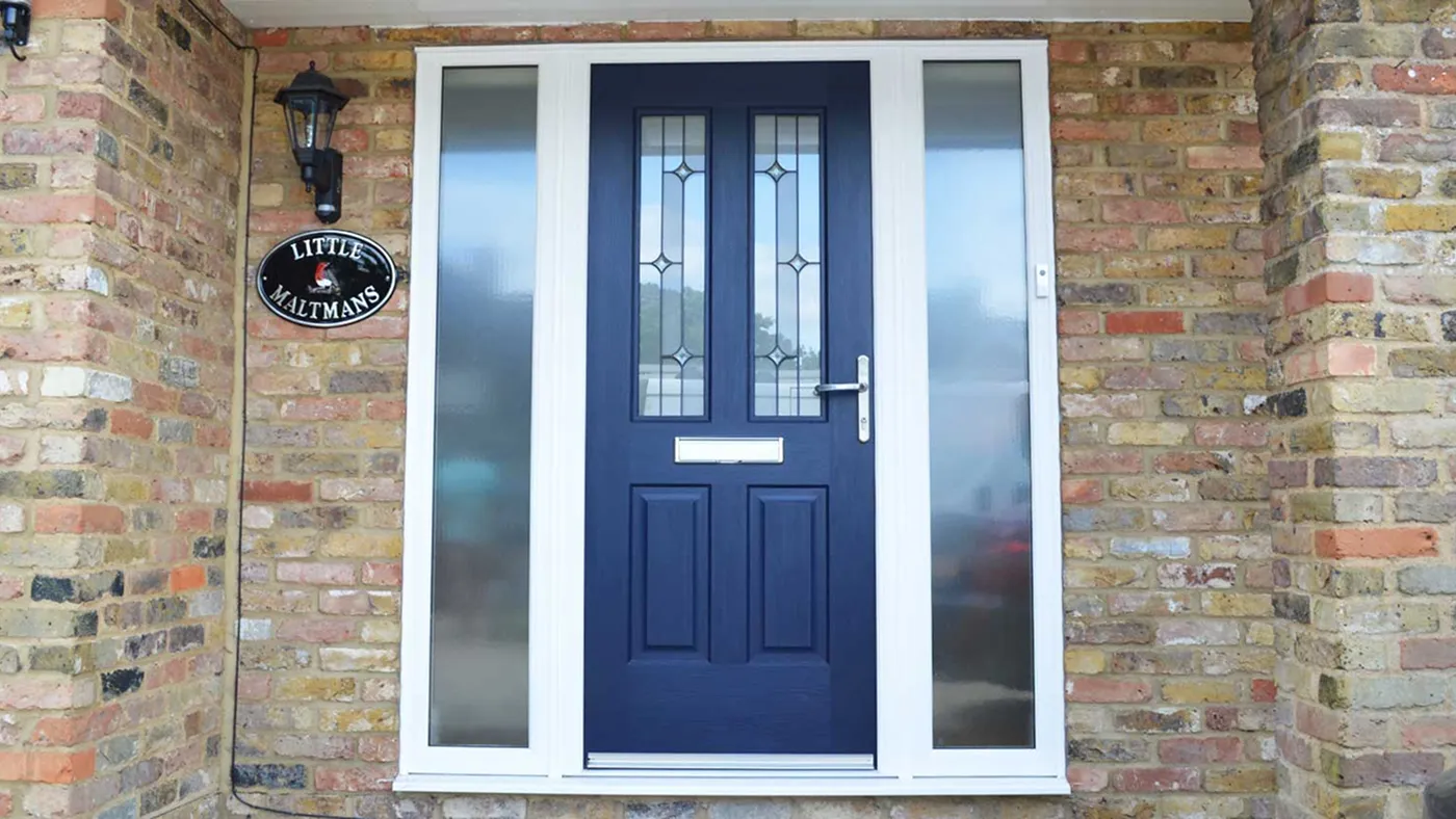 Midnight blue composite door with side panels on detached home, Beaconsfield
