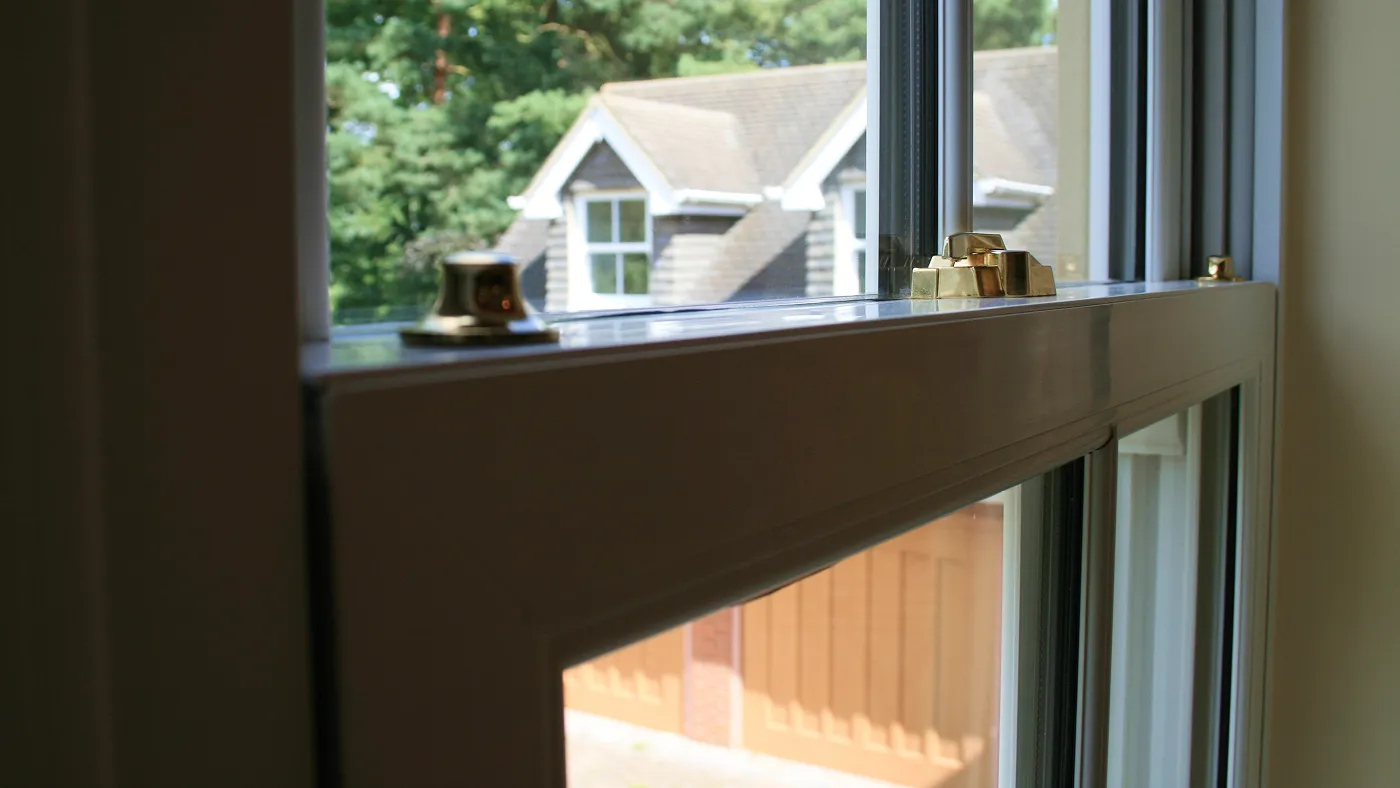 Interior view through sash windows overlooking garden, Beaconsfield