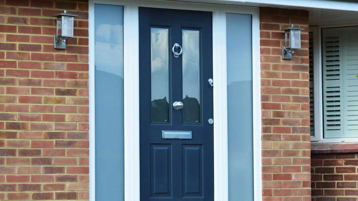 Midnight blue composite door with full-length glass panel, Windsor