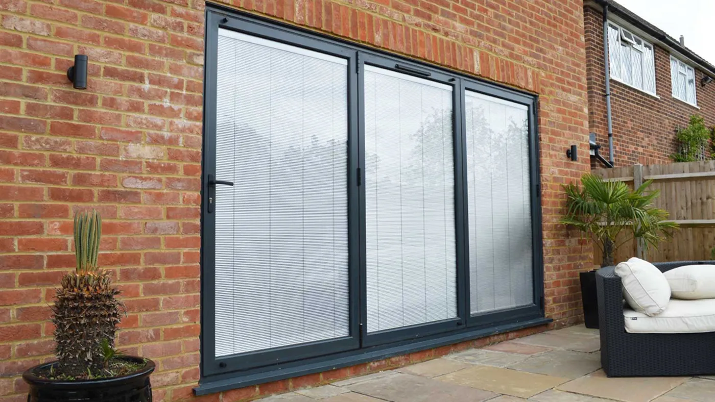 Anthracite grey bi-fold doors on brick rear extension, Sunningdale