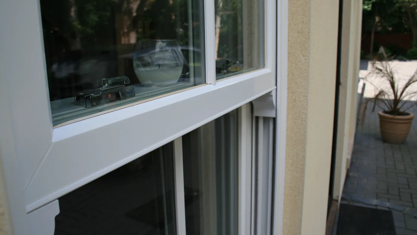 Close-up of sash window frame and mechanism, Chalfont St Peter